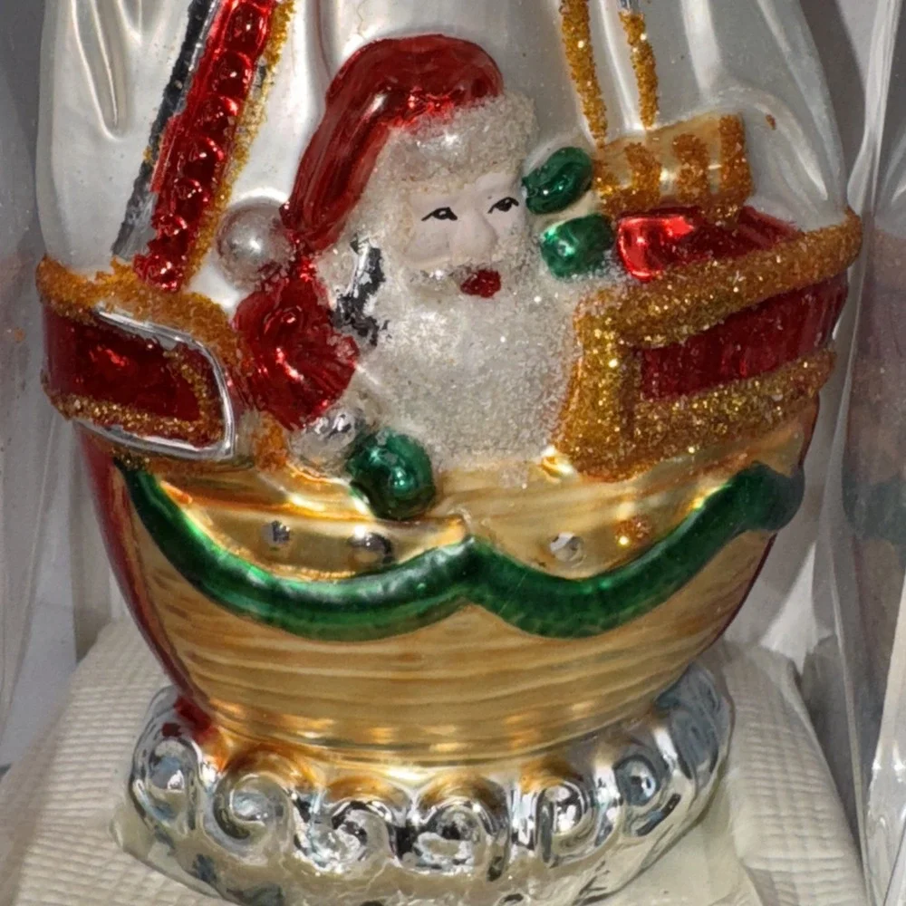 Vintage Santa's Best Blown Glass Christmas Ornament Nautical Santa boat 6.5